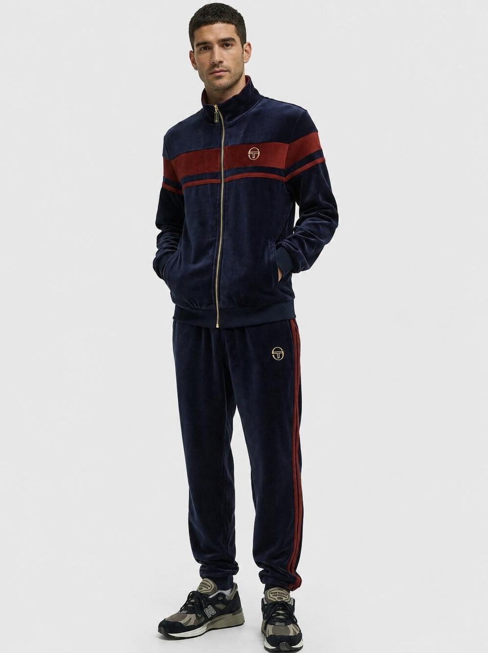 Sergio Tacchini Men’s L Damarindo Velour Tracksuit Jacket Pants Navy Burgundy